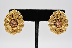 CY Vintage Clip Earrings Rhinestone Crystal Flower Orange Gold Shiny BinAG